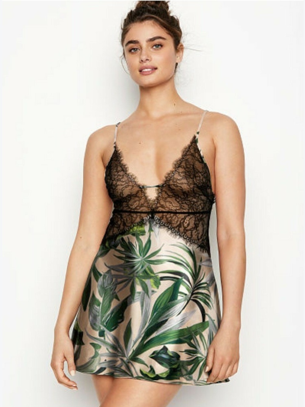 VICTORIA’S SECRET Lace Plunge Slip Champagne Tropical Floral Lingerie Large